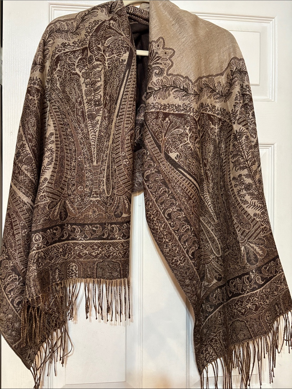Elegant Brown Paisley Fringe Scarf - purchased in Italy